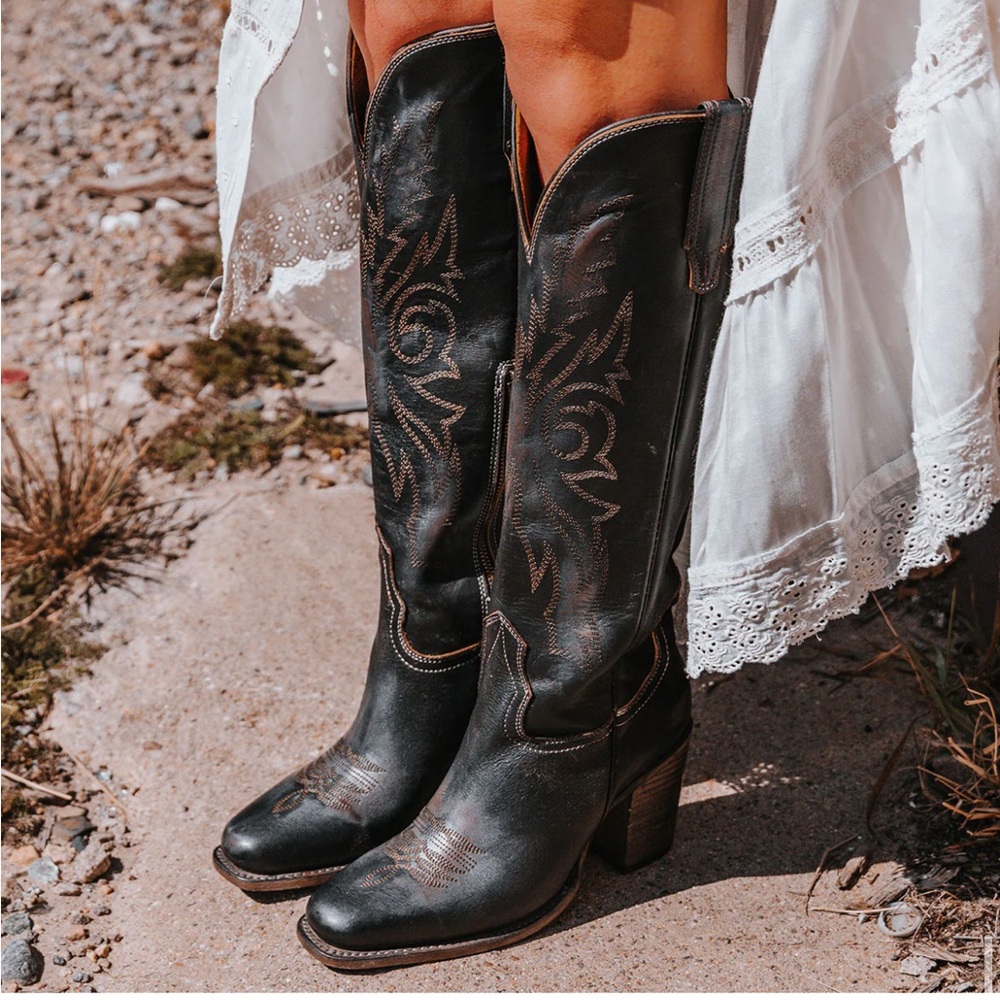 Freebird Black Embroidered Heeled Boots